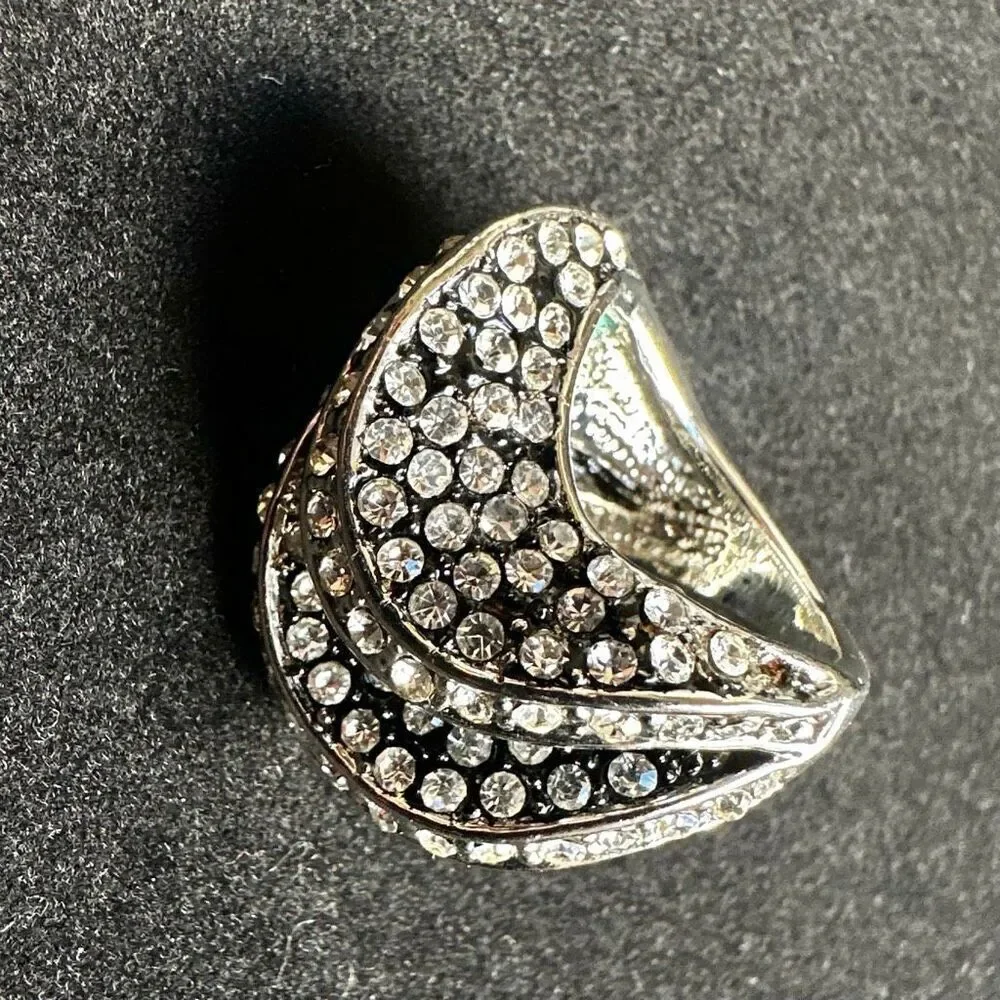 Silver-Tone Rhinestone Wave Statement Ring